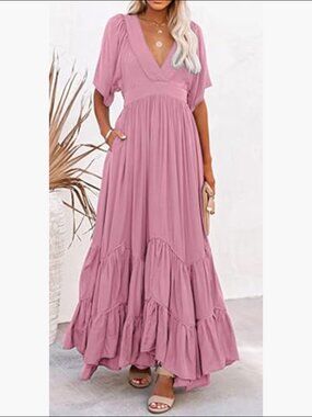 Women Tiered Boho Maxi Dress Pink Ruffle Sleeve Lace Up Back Romantic Feminine